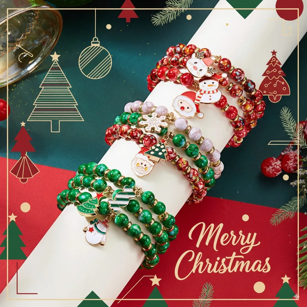 Weihnachtsmode Ol Papierkarten-Armband-Set, Weihnachtsmann, Schneemann, Rentier, Perlen-Charm-Armbänder, Urlaubsschmuck, Geschenk für Frauen und Gi