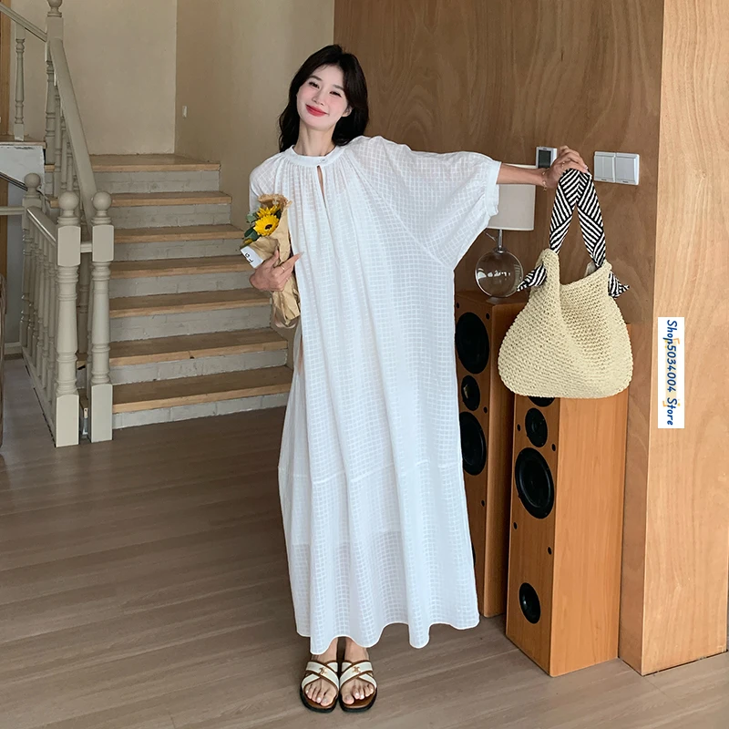 

2024 Summer Puff Sleeve White Plaid Oversized Maxi Dress for Women Elegant Chic Loose Casual Straight Long Dresses Female 2812