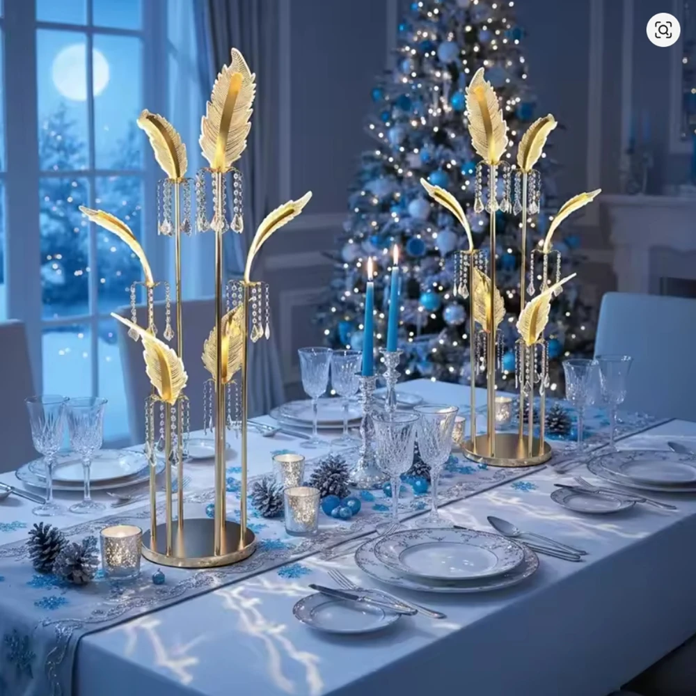 

5pcs Modern Feather Gold Candle sticks, Illuminated Floor Flower Stand,Wedding Table Centrepieces,Stage Home Guide Decoration