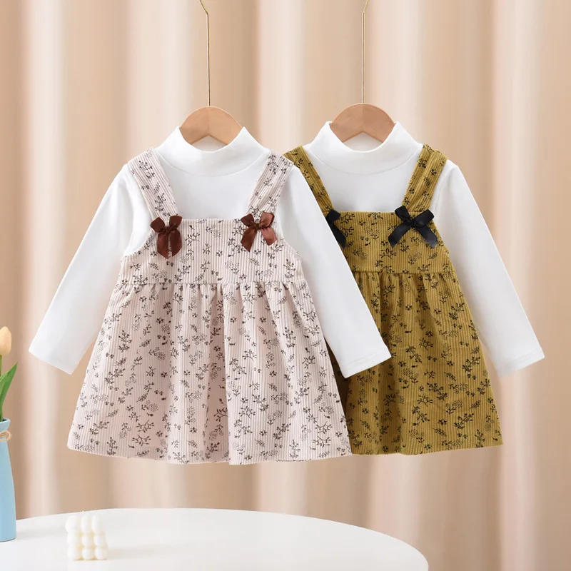 

Children's skirt set Korean version new high necked base shirt for girls printing corduroy strap skirt baby two-piece set 0-6Y