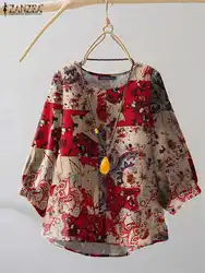 ZANZEA Women Floral Printed Smock Blouse Casual Loose Cotton Tops Vintage Crew Neck Tunic Fashion Three Quarter Sleeve Shirts