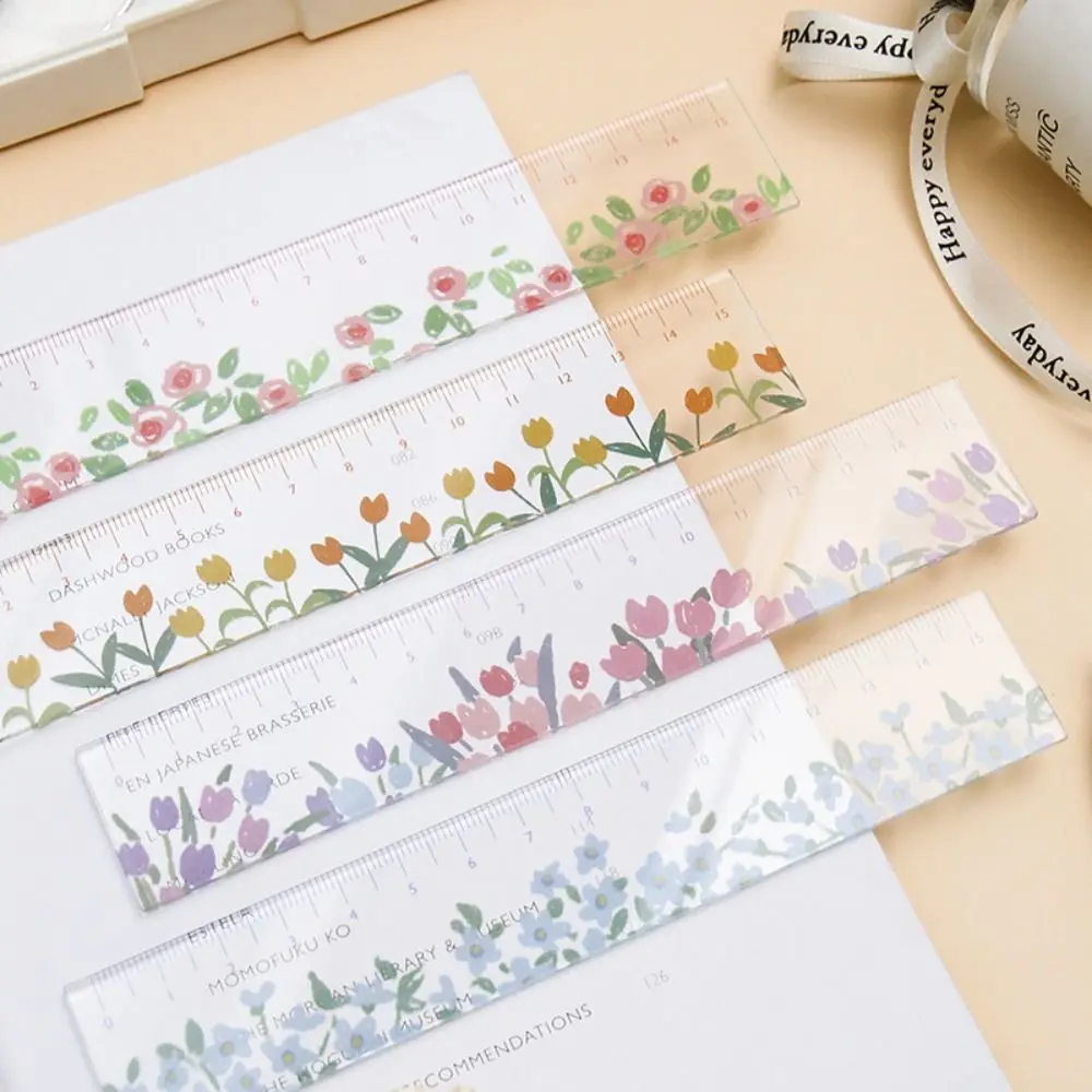 Double-duty 15cm Straight Ruler Creative Transparent Acrylic Math Drawing Ruler Multifunction Tulip Flower Bookmark School