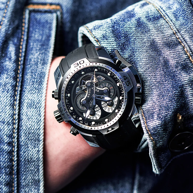 ريف تايجر/RT تريند ستايل أورورا مسدس ساعة أوتوماتيكية للرجال كاملة التقويم الغوص شريط مطاطي الميكانيكية Rejos RGA3503