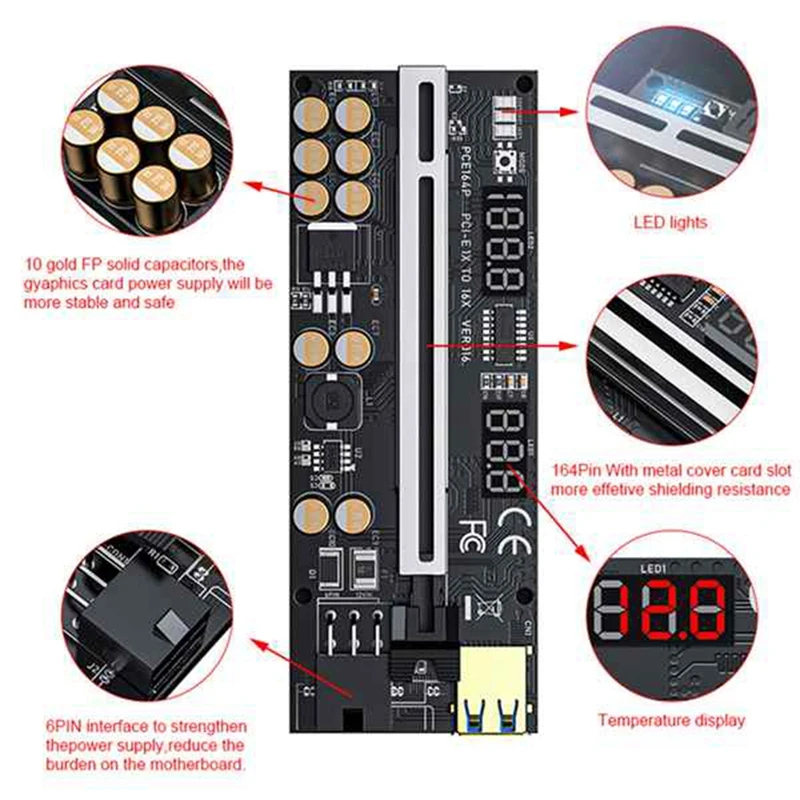 Top-Riser 016 USB3.0 PCIE Riser PCI Express X16 Extender Adapter 016 GPU Riser Card SATA 15Pin To 6Pin Power Monitoring