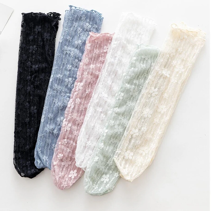 Frauen sexy Spitze Blume Mode ultra dünne transparente Sommer Japan Stil hohle Mesh Crew Socken Harajuku Retro lange Kawaii Socken – Detail 1