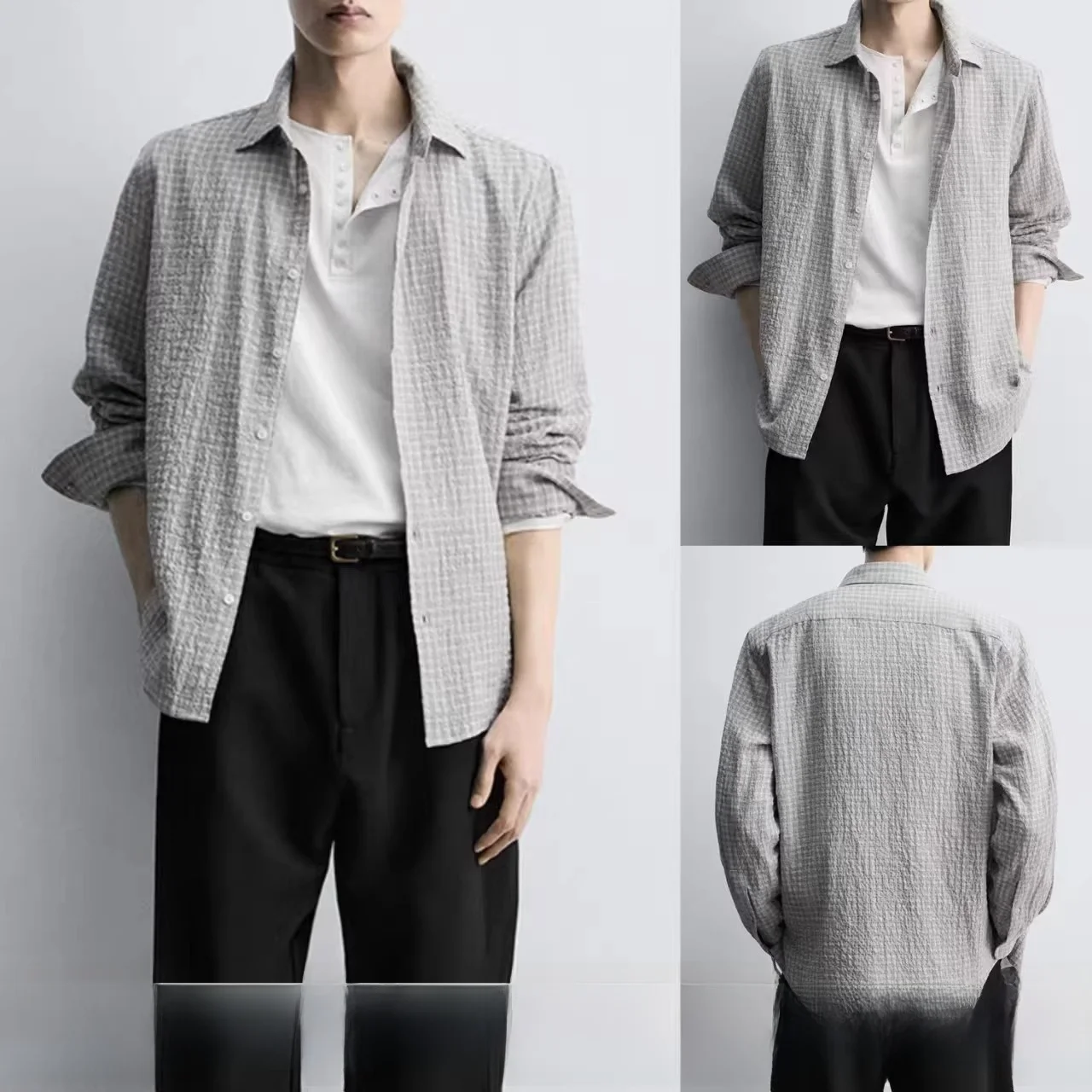 

Spring New Arrival Men's Loose Fit Plaid Texture Long Sve irt Casual Sle Button up Coat Sle Cotton Classic Collar