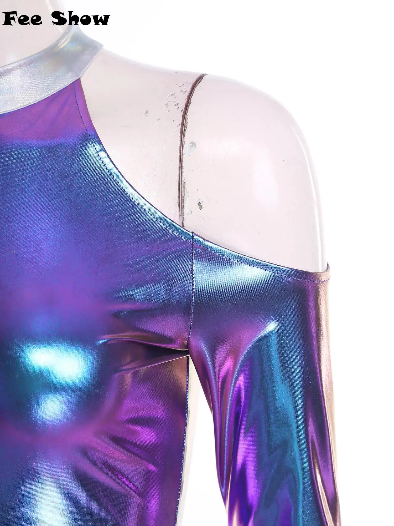 

Женский ролевой костюм акулы с открытыми плечами и длинными рукавами на молнии спереди, металлическое боди для тематической вечеринки на Хэллоуин