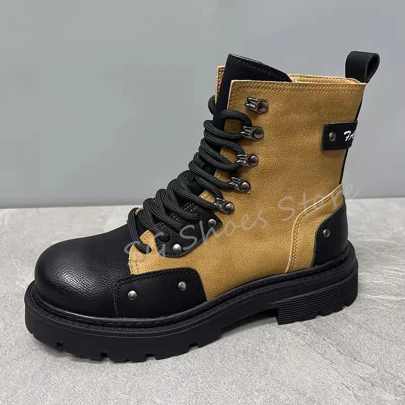 Outdoor High Top Boots for Men Mixed Color Chunky Bottom Lace-Up Leather Shoes Fashion Motorcycle Ankle Boots Male Leisure Boots