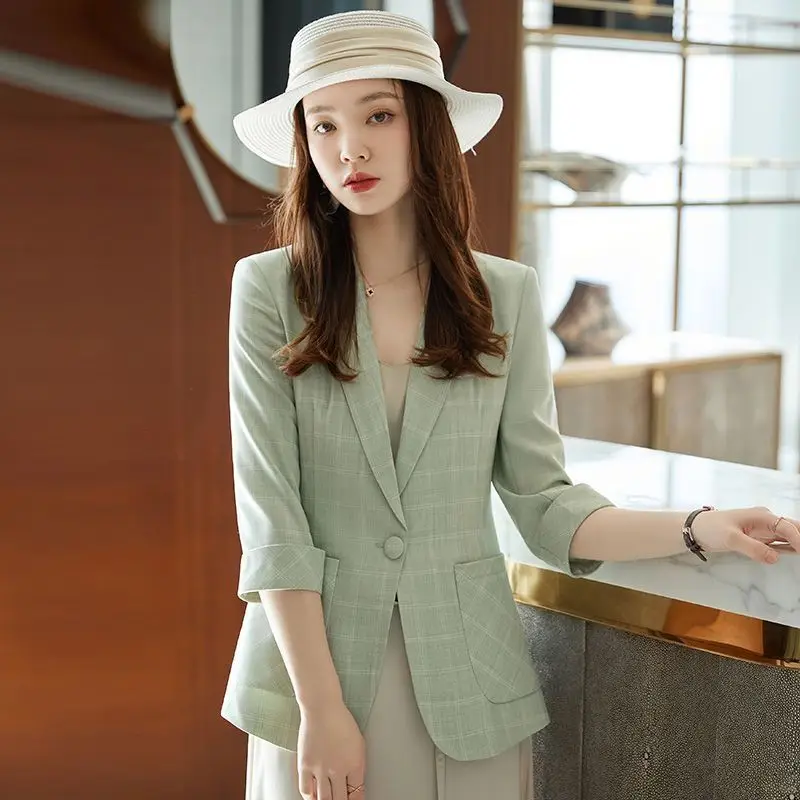 Yellow Plaid Outwear Spring Summer Korean Style Temperament Leisure Short Suit Jacket Slim Fit Three Quarter Sleeve Blazers 2024