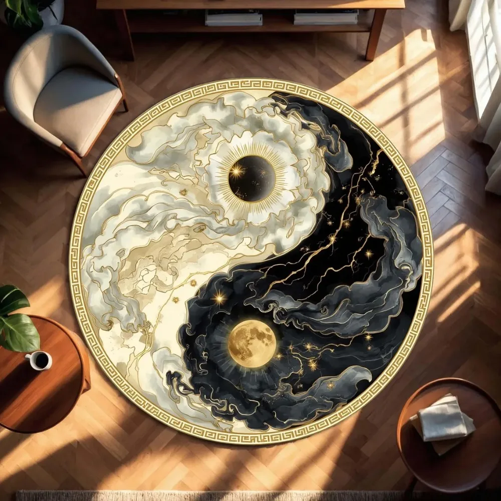 Celestial Yin Yang Round Rug Black Gold Sun Moon Carpet Cosmic Balance Mandala Spiritual Boho Floor Mat for Living Room Bedroom