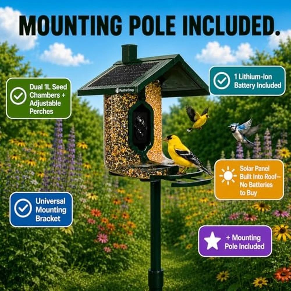 Smart Bird Feeder with Camera – Solar Powered AI Bird ID 1080p HD Night Vision – Includes Mounting Pole – Bird Feeder