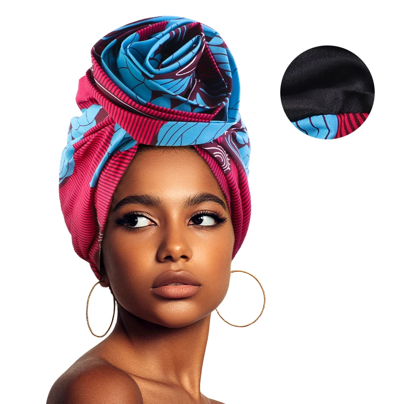 New Women African Print Stretch Bandana Head Wrap Satin Floral Ankara Dashiki Wedding Party Cap Beanie Muslim Hijab Bonnet