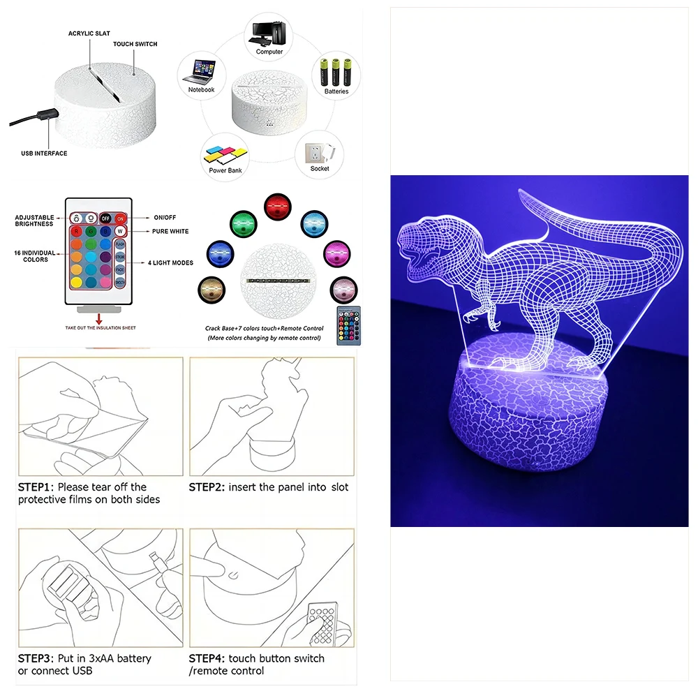 Jurassic Park 3D Lamp Dinosaur animals PVC Model Led Night Light Kid Dino Table Lamp Cute Nightlight Room Decor Christmas Gifts