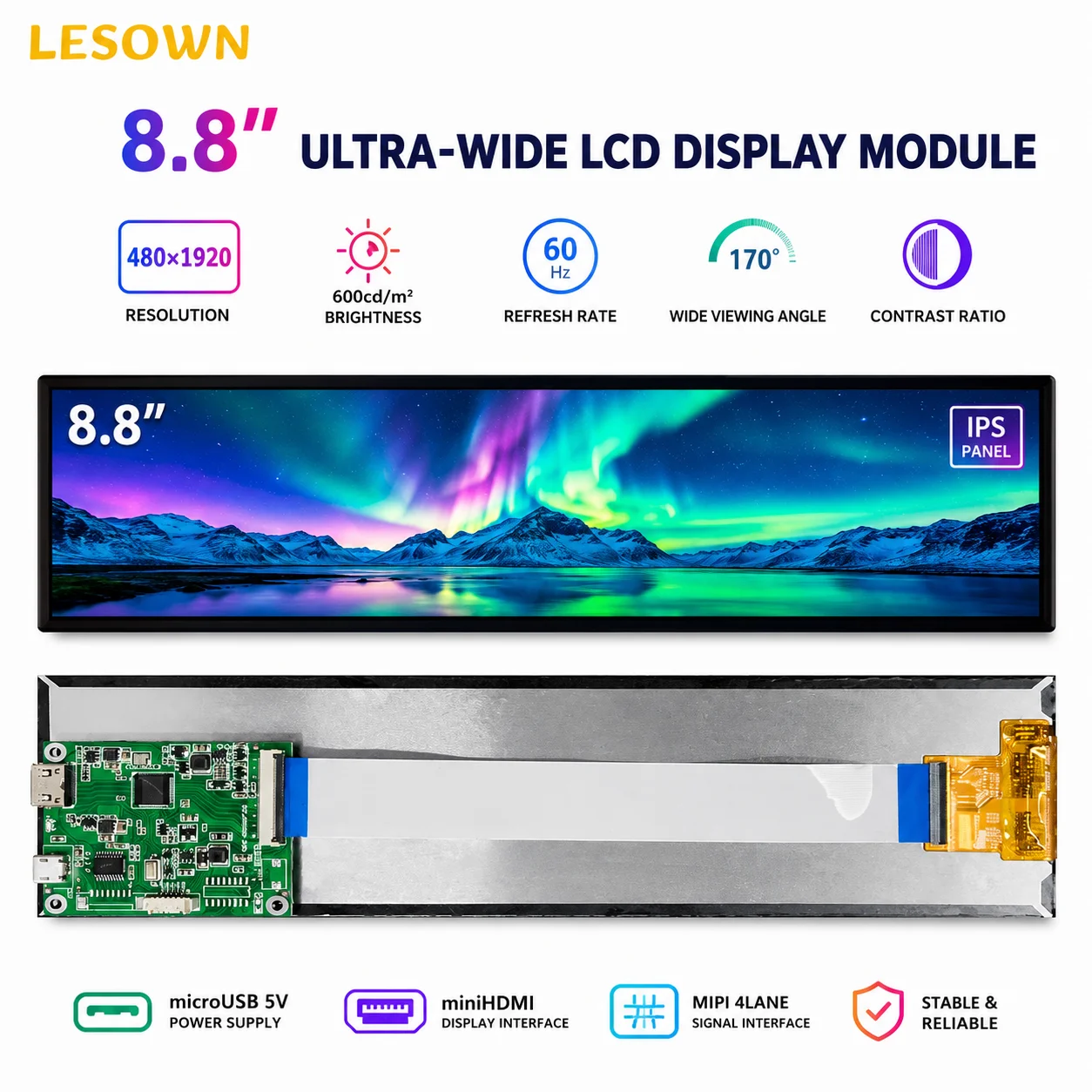 LESOWN 8.8" Bar Display Panel Kit 480x1920 Resolution 170 Angle Zero Setup Monitor for Sim Racing Dashboards