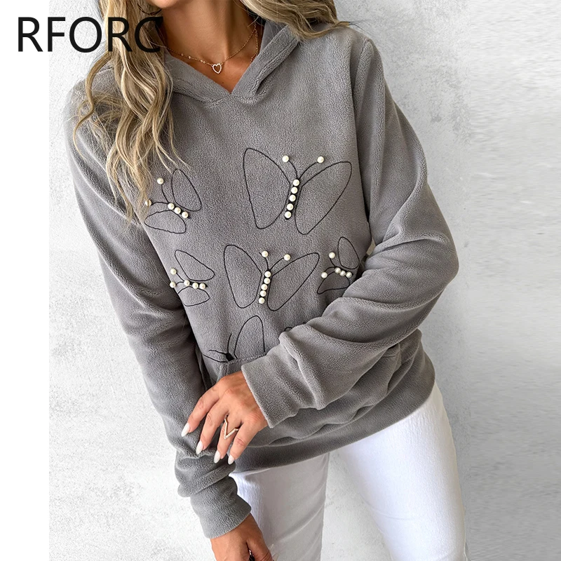 2024 Women Solid Butterfly Pattern Beading Hooded Sweatshirt Tops