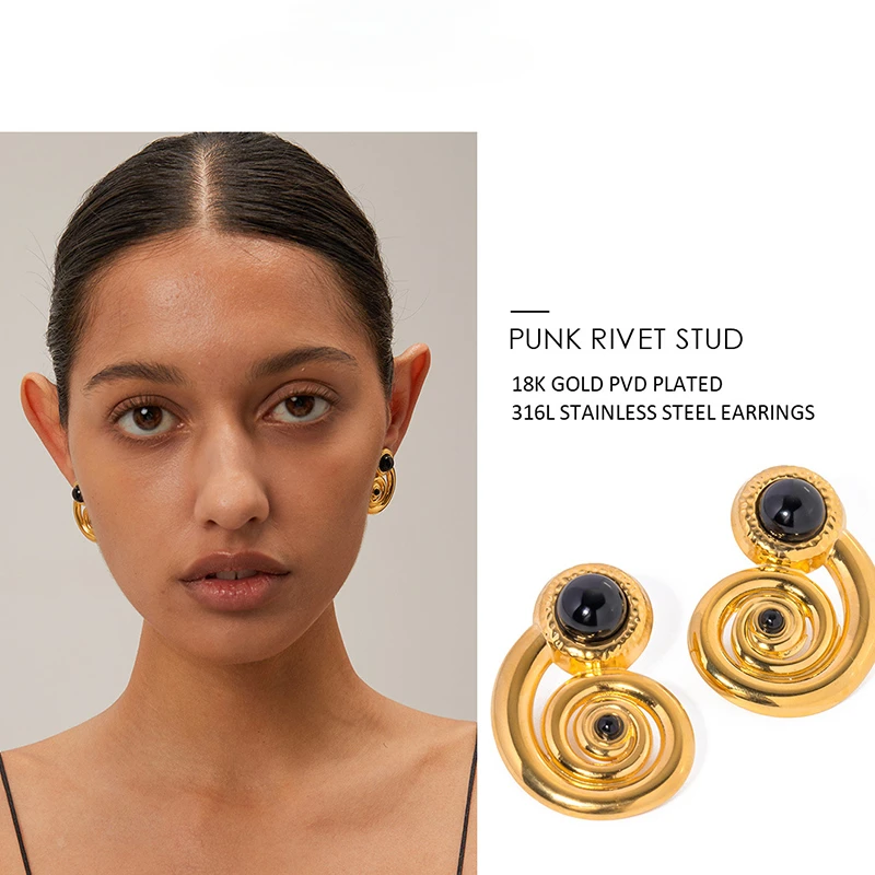 PRISCA | Spiral Hoop Earrings for Women.Stainless Steel.Natural Stone Charms.18k Gold.1Pair.French Luxury Wedding Jewelry.New