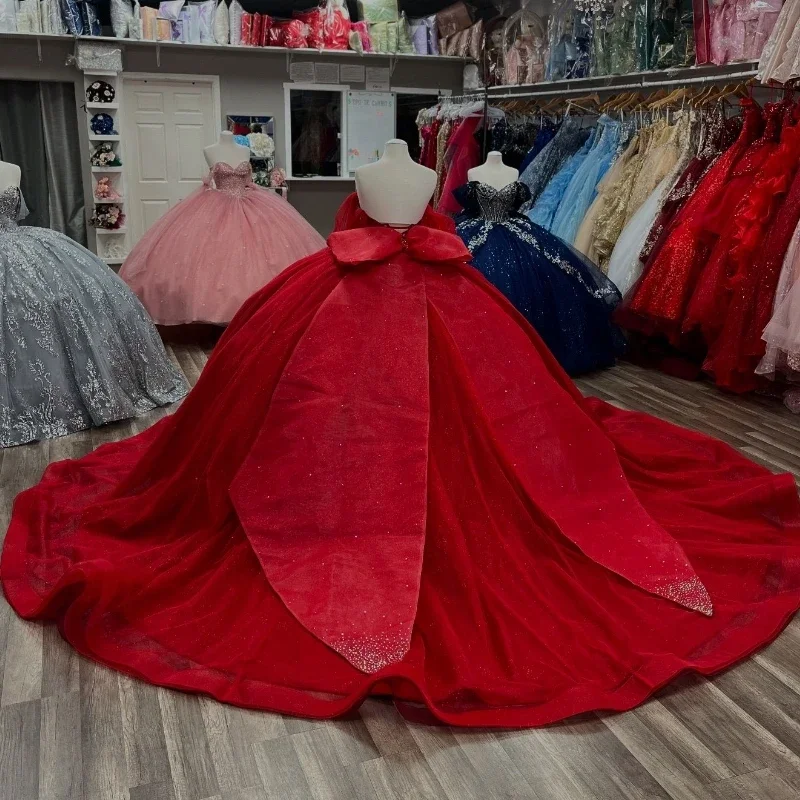 ANGELSBRIDEP Red Shiny Princess Quinceanera Dresses Big Bow Off Shoulder Ball Gown Crystals Beads Tull Sweet 16 Dress Customized