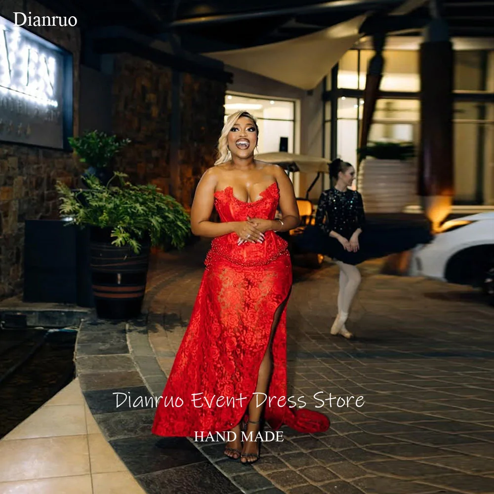 Dianruo-vestido De Noche asimétrico rojo, Sexy, con abertura lateral, encaje, ilusión, apliques, batas con cuentas, personalizado