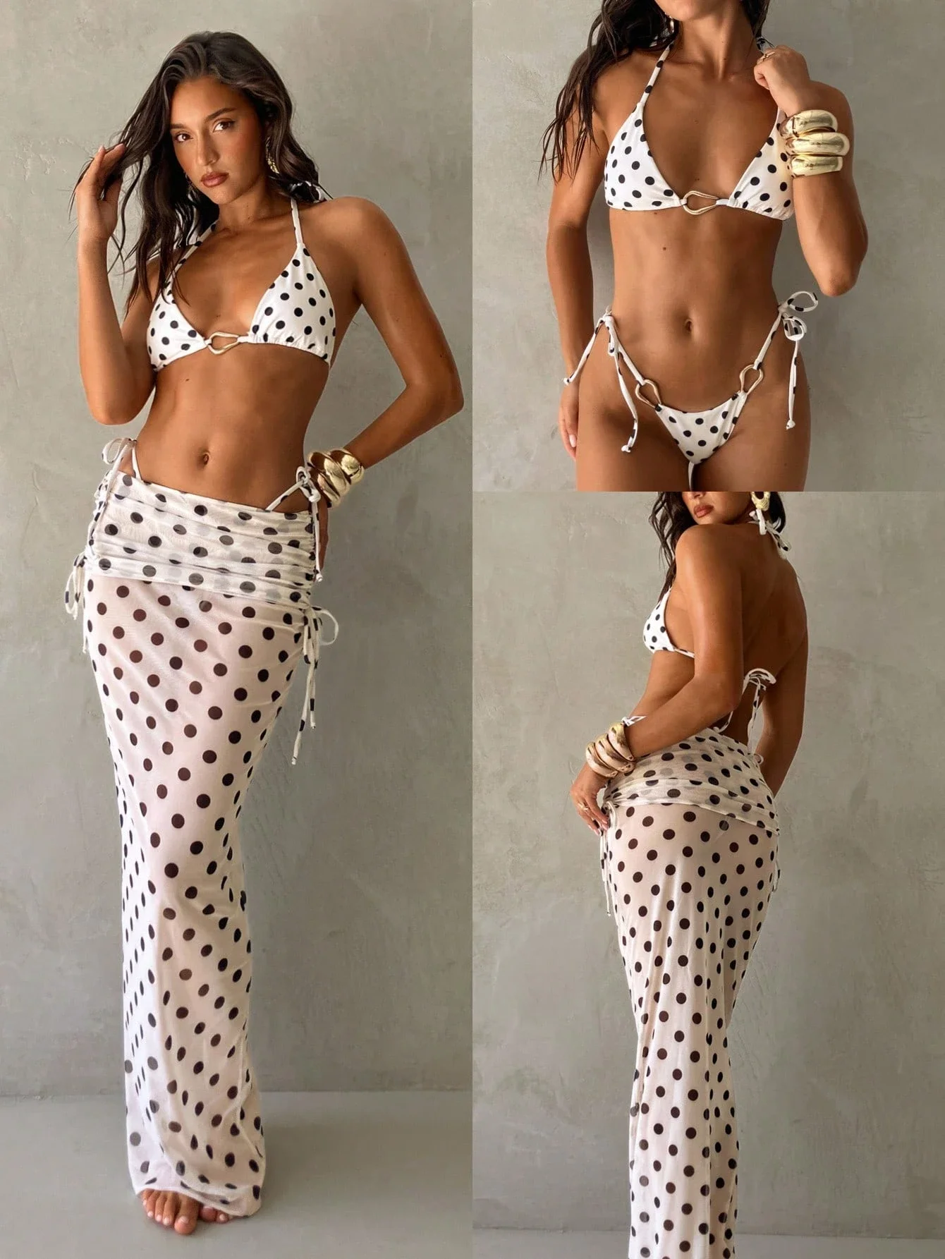 

Women's 3-Piece Polka Dot Bikini Set With Sheer Sarong Skirt