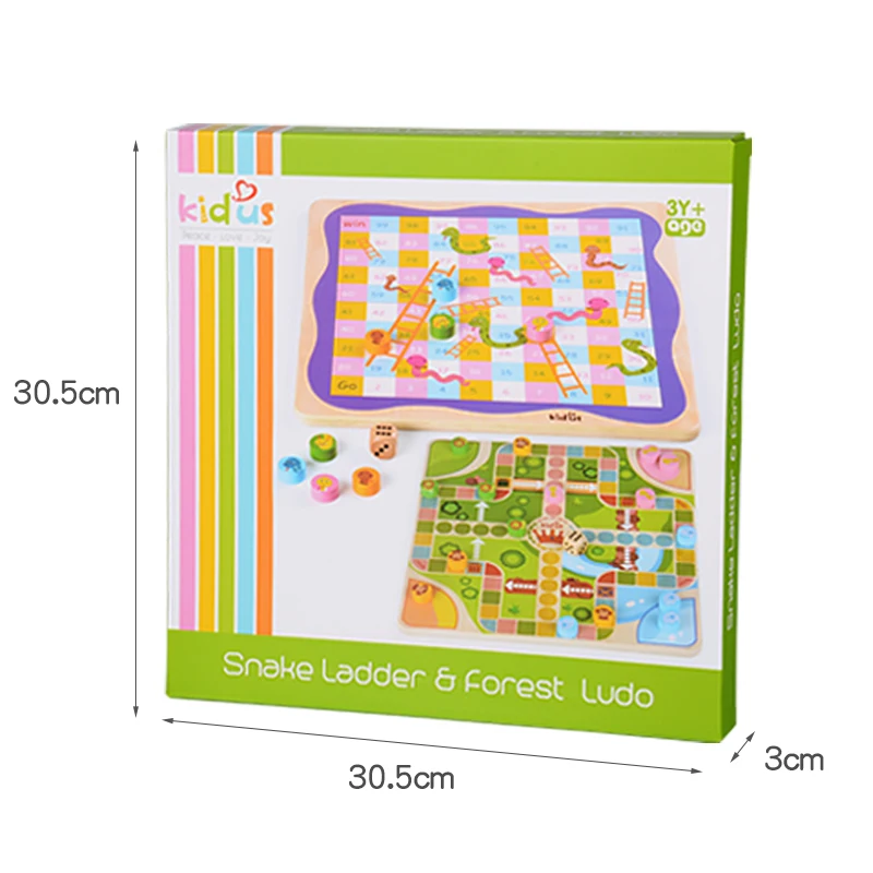 Kidus Snakes & Ladders Wooden Board Game Double-sided Two Game Set in One Bundle