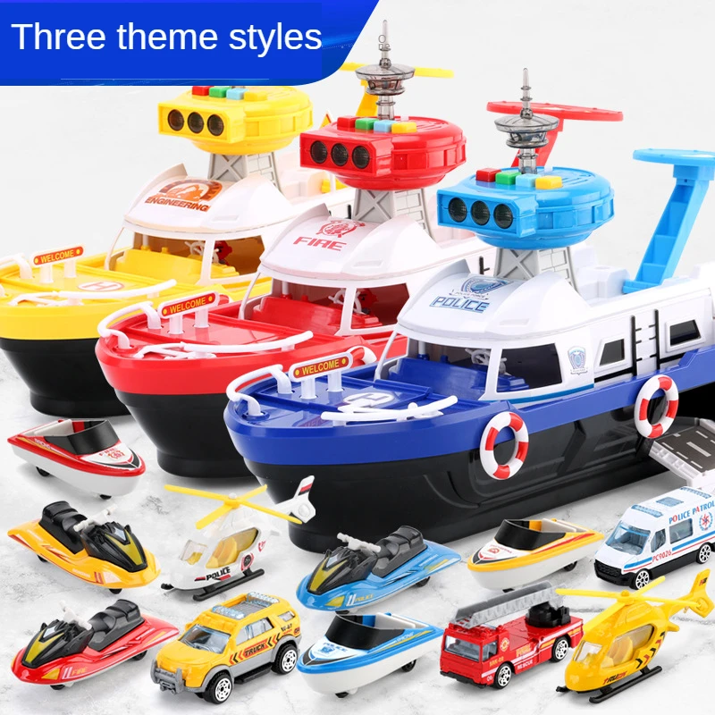 Music Story Light Car Toys For Kids Transformable Boat Parking Lot Model Track Inertia Boat Diecasts Police Car Children Boy Toy