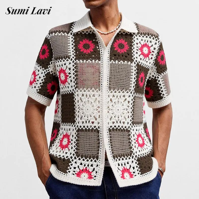 Casual Short Sleeve Button Lapel Knit Shirt Mens Summer Vintage Floral Embroidery Patchwork Shirts Fashion Men Hollow Out Shirt