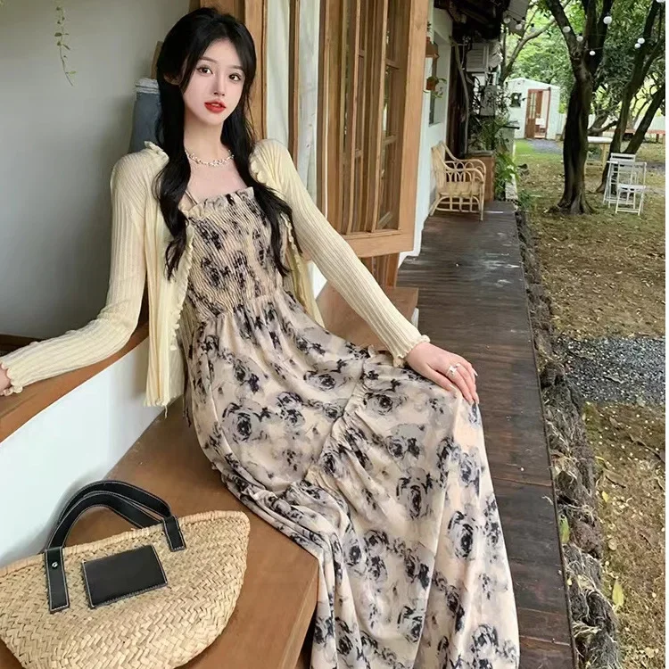 Elegant Long Dress 2024 New Summer Vacation Style High-waisted Slimming Sleeveless Tank Dress Fragrant Flowers