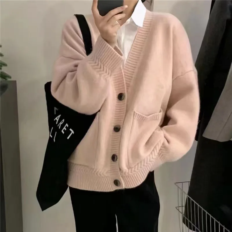 

Women Sweater V-neck Pocket Knit Cardigan Loose Long Sleeve Tops Autumn Fashion Casual Cardigan Lazy Style Short Sweater Coat