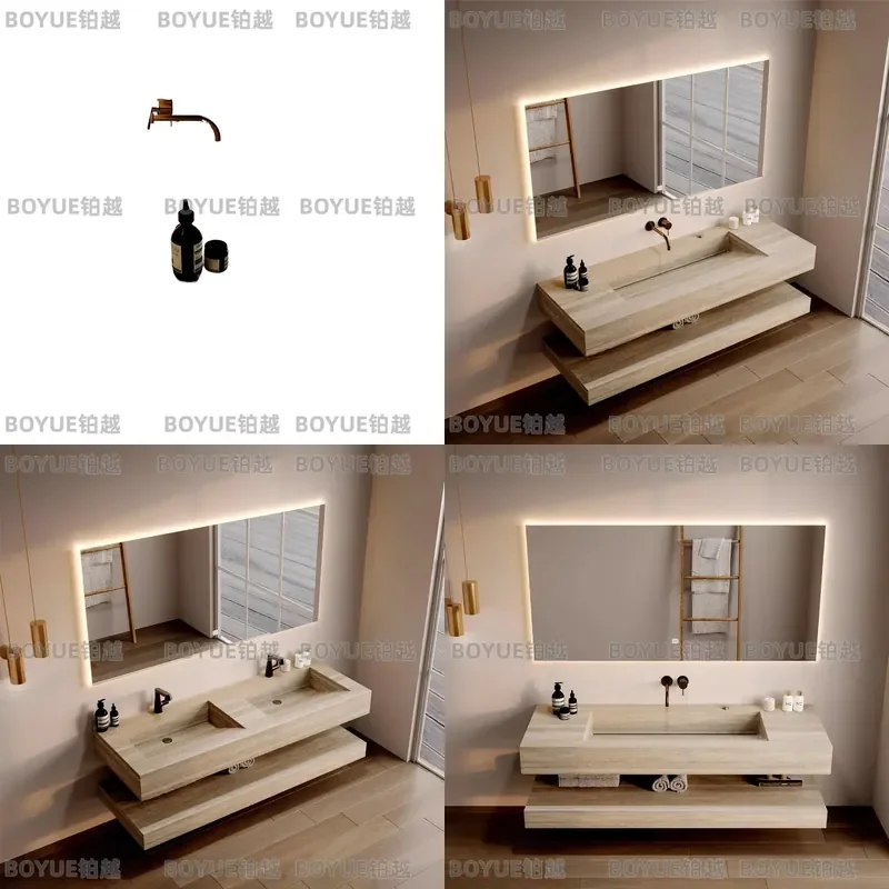 Custom Rock Slab Bathroom Vanity with Integrated Seamless Travertine Double Sink Modern Hotel Washbasin Cabinet Combo