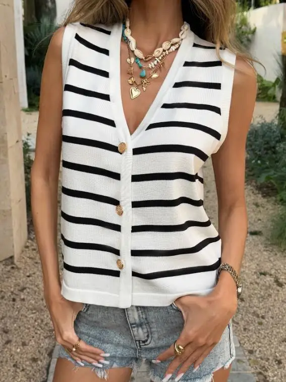 

2026 Summer New Casual Simple Color Blocked Striped Print V-Neck Button Front Sleeveless Versatile Loose Knit Vest Top