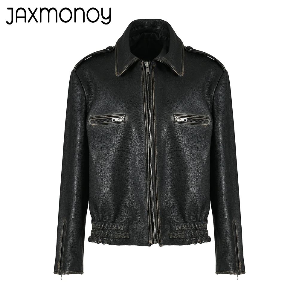 Jaxmonoy-Veste en cuir véritable pour femme, fermeture éclair vintage, veste en cuir de vachette véritable, mode surdimensionnée, printemps, automne, 2023