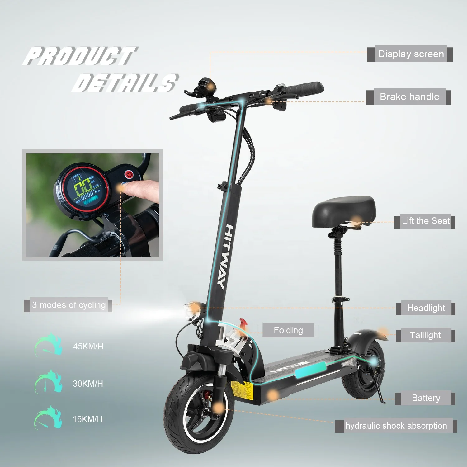 Intelligent Library HITWAY EU Warehouse Stock Electric Scooter 800W 10Ah 45km/h Brushless Motor Foldable With Seat For Adult - Image 3