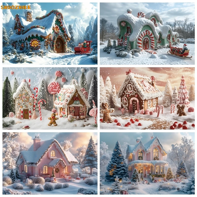 

Christmas Gingerbread House Backdrop Photography Winter Snowy Candy House Decor Cake Smash Kids Portrait Photo Background Studio