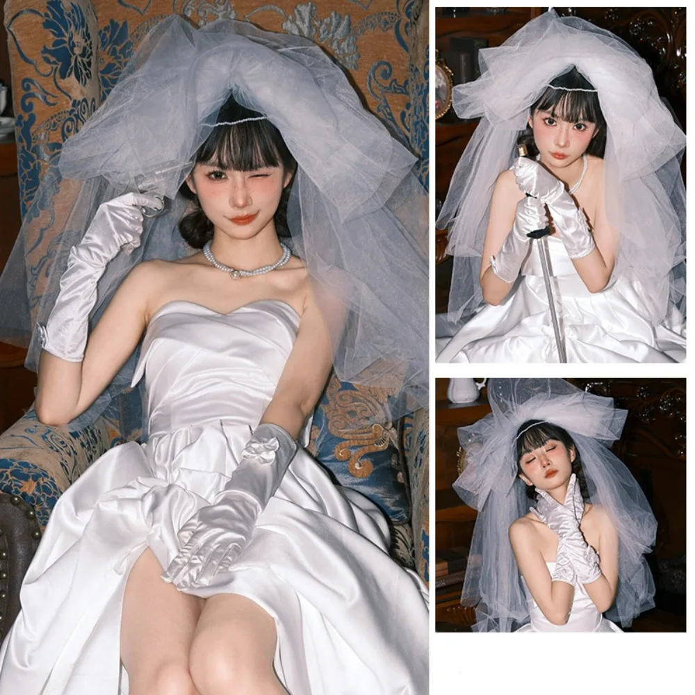 

Elegant White Satin Long Gloves Lace Vintage Wedding Bridal Gloves Sweet Elastic Long Finger Mittens Lady