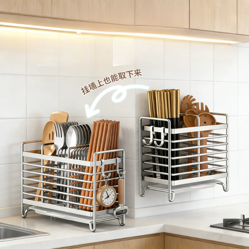 No-Drill Wall-Mounted Utensil Holder. Stainless Steel Space-Saving Organizer For Kitchen Cutlery, Ideal For Small Spaces