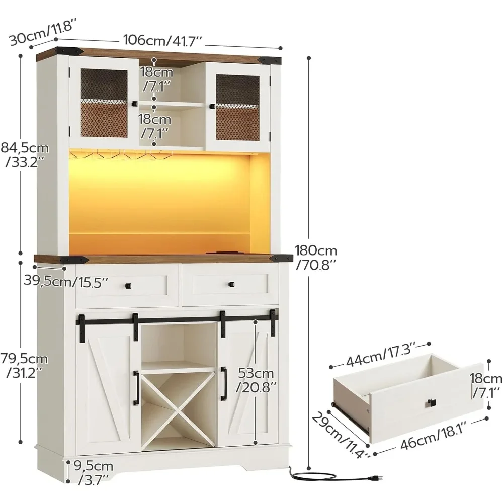 Tall Coffee Bar Cabinet, Farmhouse Bar Cabinet with Light and Power Outlet, 70.8