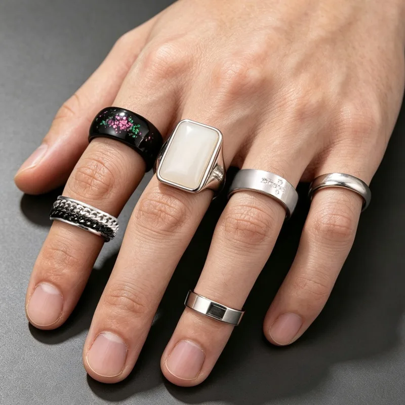 Multi‑style Stainless Steel Rings Assorted Pack, Rectangle White Stone, Glitter Glow & Chain Design, Mixed‑shape Jewelry For Men