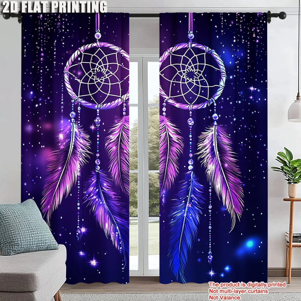 

2Pcs Purple Dreamcatcher Feather Digital Printed Window Curtain Suitable For Living Room Bedroom Study Home Decoration Rod