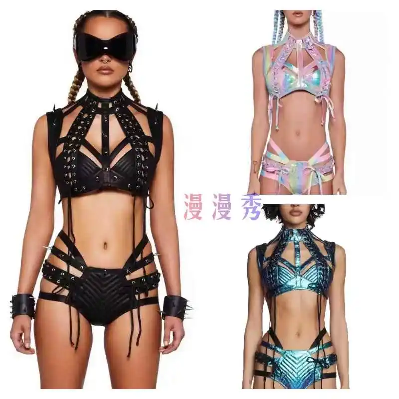 New Women Laser Multi-Color Bikini Music Festival Hot Girl Sexy Strap Awakening Dark Set Gothic Style Vest Bra Hollow Top Shorts