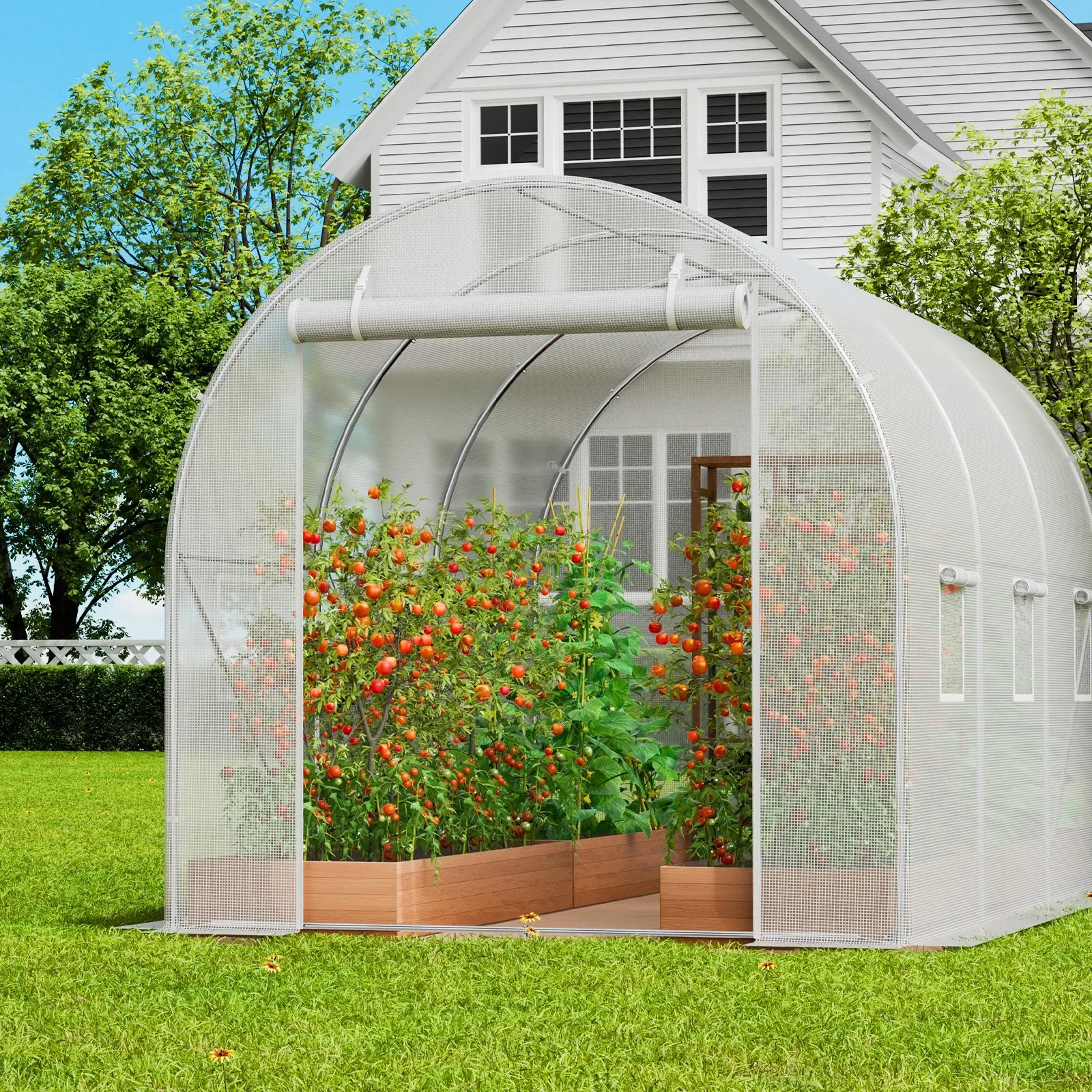 

Walk-in Tunnel Greenhouse 9.58x6.43x6.23ft Galvanized Frame PE Cover White