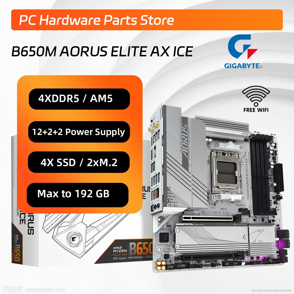 AMD Ryzen 7 7800x3d With GIGABYTE B650M AORUS ELITE AX ICE Motherboard Kit Support M.2 Cooling Armor4xDDR5 12+2+2 Power Supply