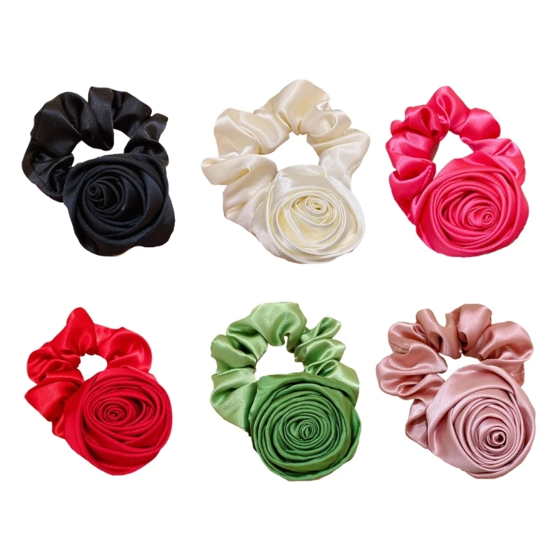 2023 French Retro Gentle Rose Large Intestine Hair Ring Literary Satin Flower Hair Ring Ponytail Rope for Hairstyles