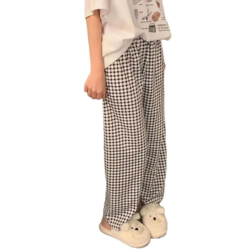 Plaid Pajamas Pants for Women Sleep Korean Style Sleepwear Summer Ankle Length Bottoms Home Room Elastic Waist Sleeping Wear New