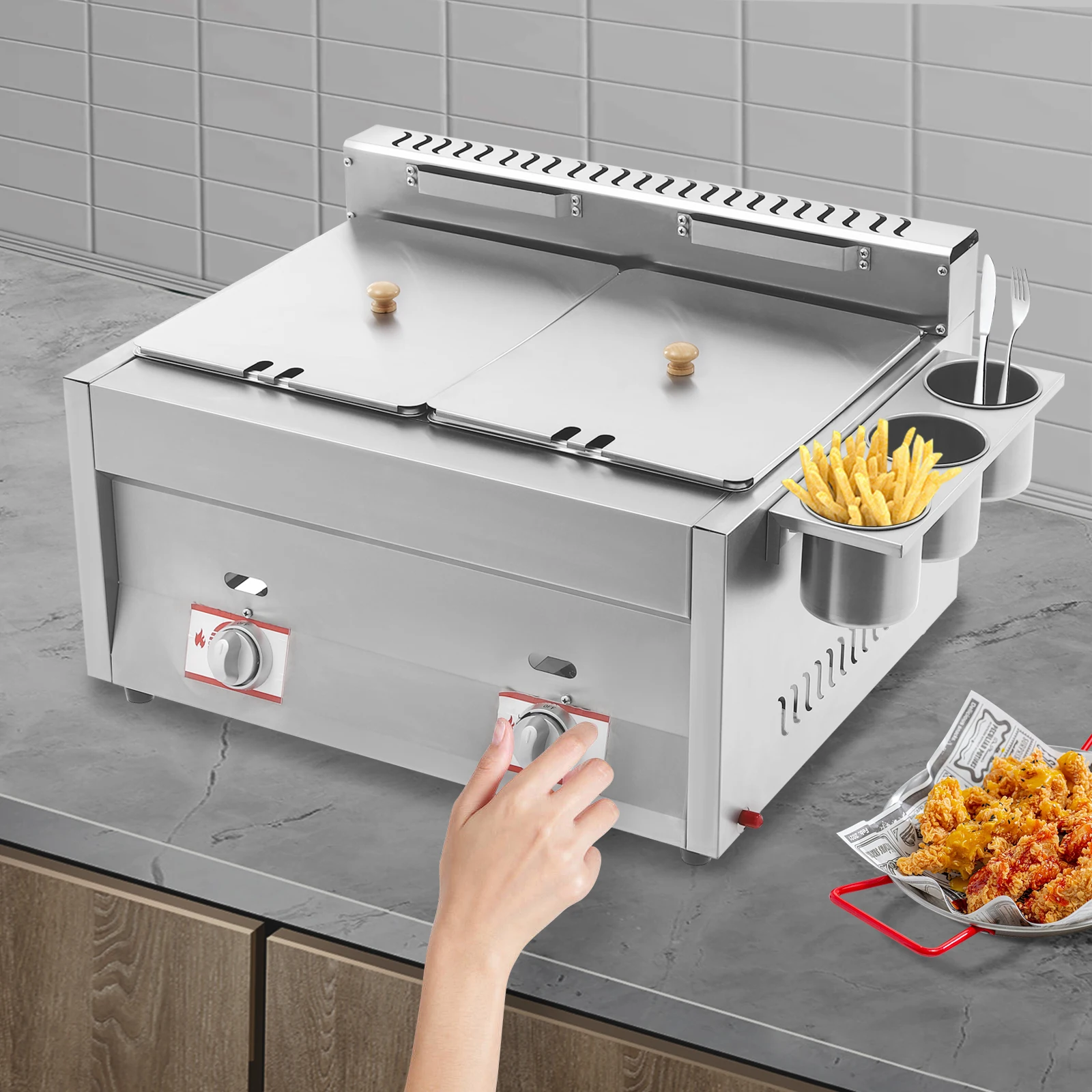 2 Tanks Commercial Deep Fryer Stainless Steel Deep Fryer with Basket and Lid Countertop Commercial Frying Machine