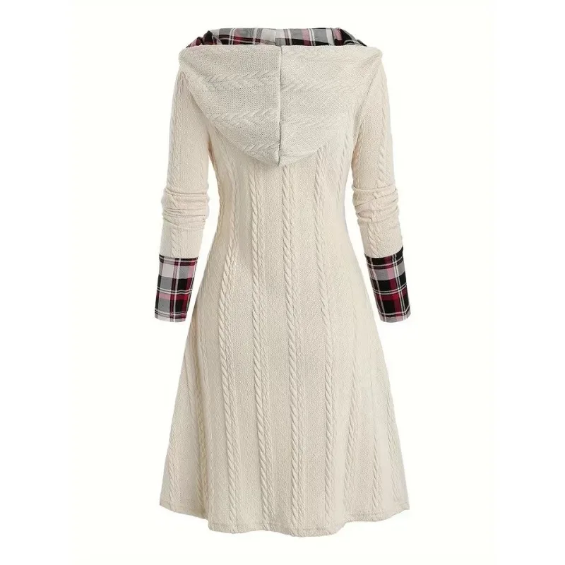 2024 Autumn Winter Chic Plaid Hooded Dress Women Knit Sweater Long Sleeve A Line Style With Trendy Splicing Perfect Casual Wear