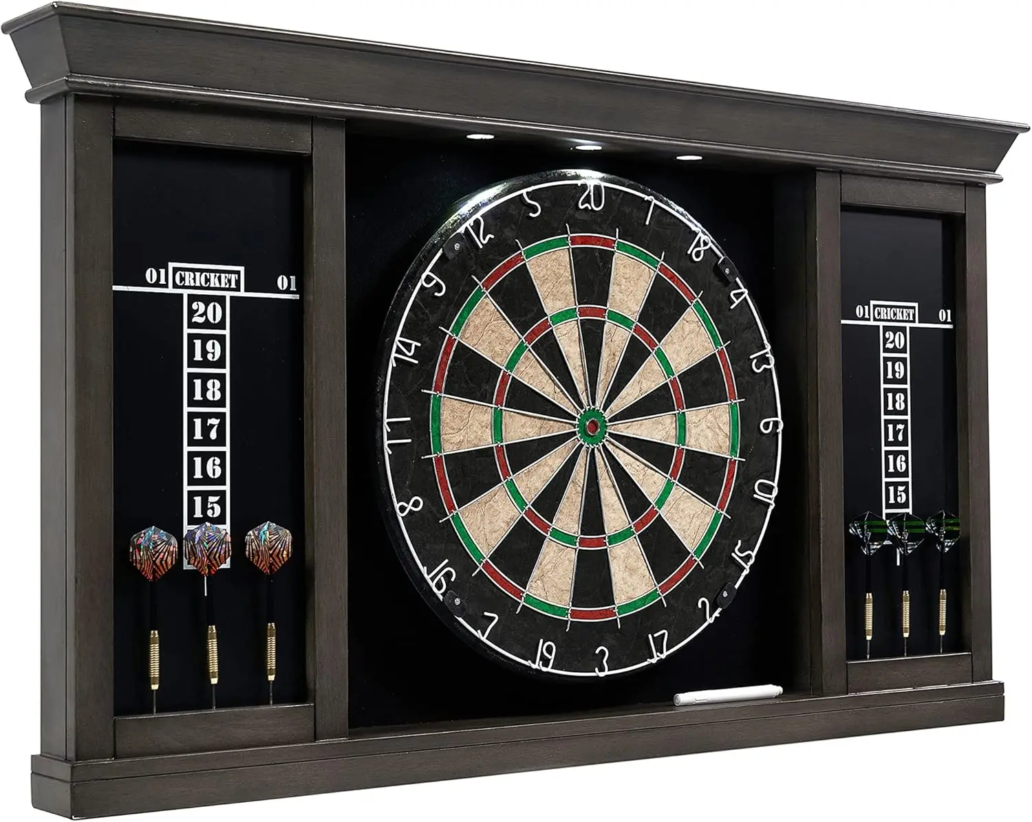 Assembled Wood Dartboard Cabinet Collection with 18” Bristle Dartboard & Steel Tip Dart Set, Perfect for Cricket Games