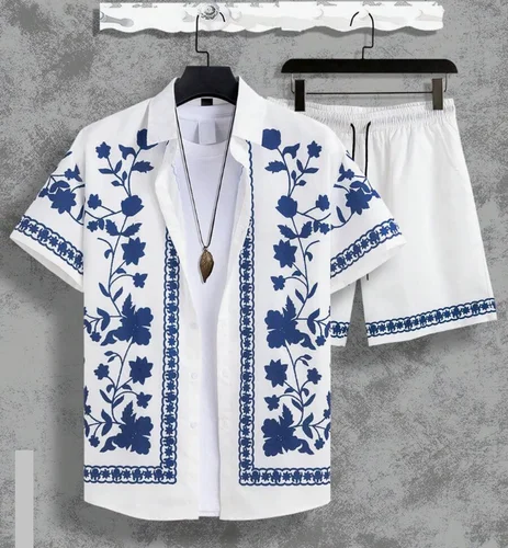 Imagen 2 del producto Conjunto de camisa hawaiana para hombre, estampado 3D de porcelana azul y blanca, moda de verano, camisa informal de gran tamaño para uso diario + pantalones cortos, conjunto de 2 piezas
