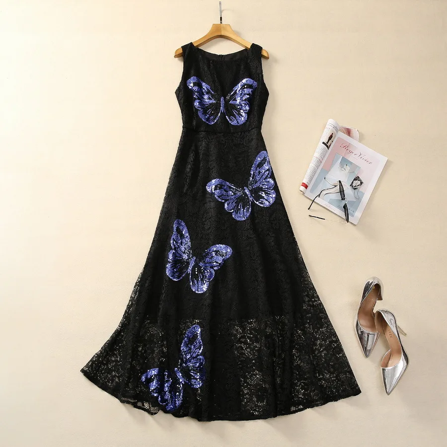 

Europe and the United States women's 2024 winter new Round neck Sleeveless butterfly sequins Fashion lace Fishtail dress XXL