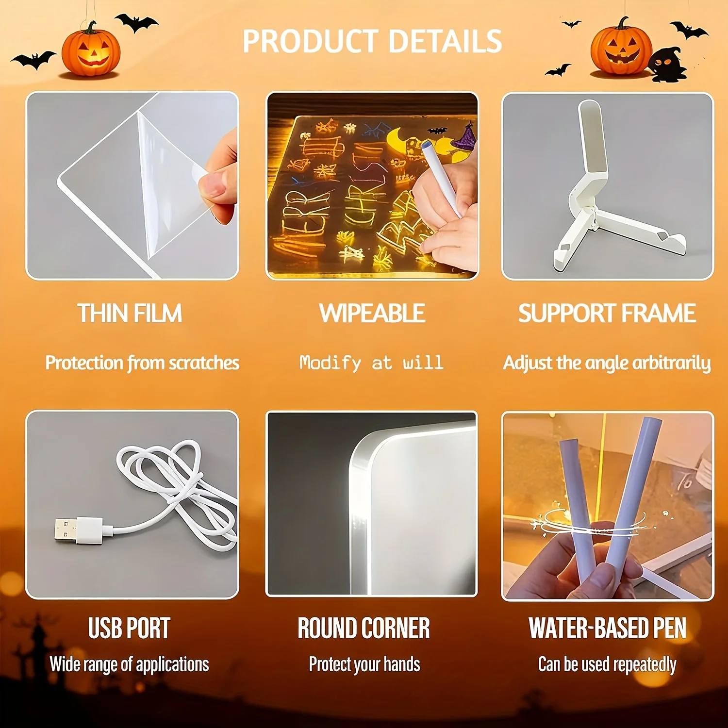Picture 7: 1 set of LED-lit acrylic message board, removable and erasable USB drawing board, reusable doodle board with stand, 7 colored pe