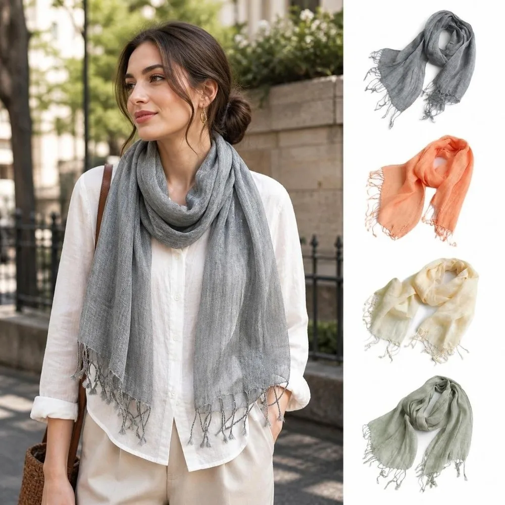 Solid Color Pure Linen Scarf Long Tassel Breathable Sun Protection Wrap Lightweight Soft Fabric Neck Scarf Daily Wear